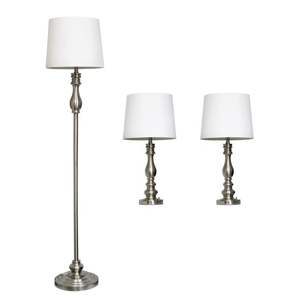 Elegant Designs LC1015-BST Brushed Steel Three Pack Lamp Set (2 Table Lamps, 1 Floor Lamp) with White Fabric Shades