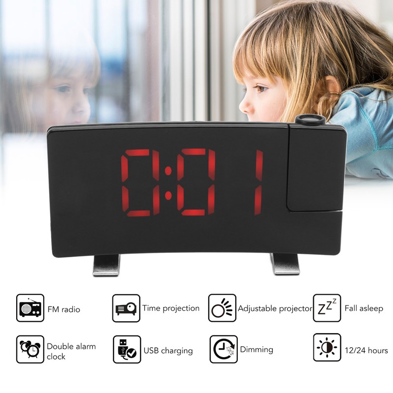 Radio Projection Alarm Clock LED Display Electronic Clock Curved Screen