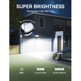 Olafus 42W Motion Sensor Outdoor Light Plug in, Motion Flood Light Dusk to Dawn, 5000LM LED Security Light IP65 Waterproof, Motion Activated 6500K PIR Sensor Lighting for Garage Yard Patio Eave, Black