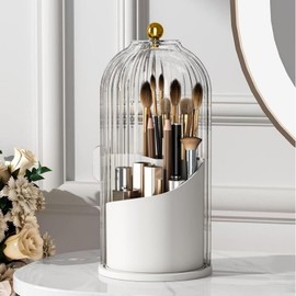 Organizador de Maquillaje Giratorio 360 Grados, Porta Brochas con Tapa Porta Cepillo de Dientes Baño a Prueba de Polvo, Organizador de Tocador Mujer con 3 Ranuras para Cosméticos y Skincare