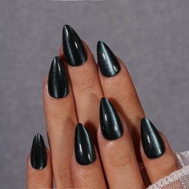 KQueenest Cat Eye Press On Nails Almond, 30 Pcs Glitter Black Press On Nails Medium, Sparkly Fake Nails With Glue, Luxury Chrome Nails Press ons, Reusable Stick on Nail for Women Winter Decoration