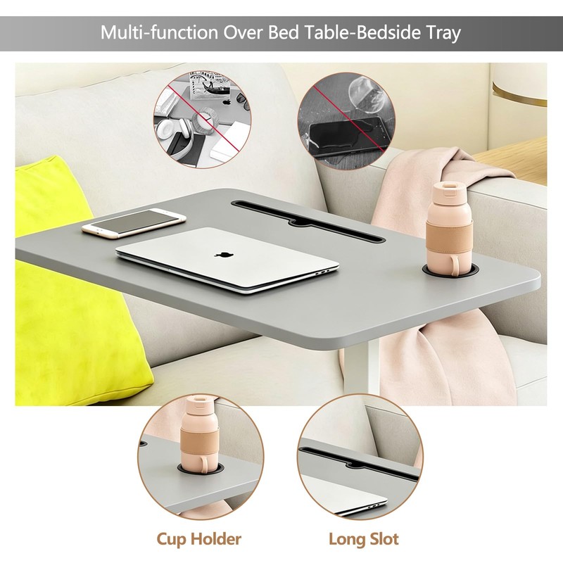 Over the Bed Table with Hidden Wheels,Height Adjustable Bedside Table