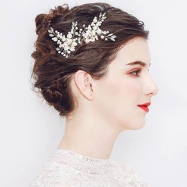 Yovic Crystal Bride Wedding Hair Comb Gold Bridal Headpieces Rhinestone Pearl Hair Pieces Bridesmaid Side Combs Hair Accessories for Women and Girls(Gold-2)