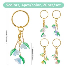 SUPERFINDINGS 20Pcs 5Colors Glass Keychain Orchid Pendant Keyrings Tulip Charms Keychain Floral Leaf Keyrings for Purse HandBag Wall Accessories Car Key Decoration, 76mm
