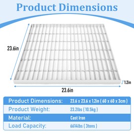 tonchean Galvanized Steel Drain Grate 23.6x23.6 Outdoor Drain Cover and Frame Heavy Duty Sewer Grate Silver Square Drainage Grate for Driveways, Patios Garage,Yard and Sewers