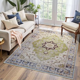 Enqinar 5x7 Area Rugs, Washable Rug, Vintage Rugs for Living Room Bedroom, Non Slip, Stain Resistant, Low Pile, Soft, Foldable Boho Floral Print Rugs for Dining Room, Home Office, Green