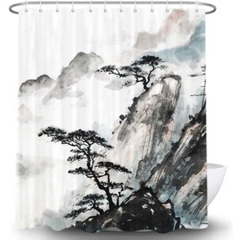 Coveimes Japanese Shower Curtain, Asian Scenic Shower Curtain Sets, Japanese Mountain Shower Curtain with Black Gray Pine Tree Ink Painting Waterproof Polyester Fabric Bath Curtain with Hooks