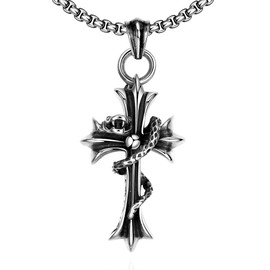 Rockyu Popular Brand Necklace, Men's, Cross Necklace, Women's, Stainless Steel, Snake Necklace, Antique Black, Cross Pendant, Money Luck, Amulet Necklace, Stainless Steel, black