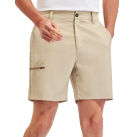 PULI Lightweight Hiking Shorts Men Quick Dry Stretch Golf Dress Hybrid 7'' Relaxed Fit with Zipper Pockets Khaki 32
