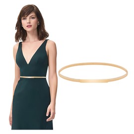 JASGOOD Women Skinny Elastic Waist Belt Thin Gold Metal Stretch Chain Belt for Dresses with Interlock Buckle, Gold, Fit Waist Size 34"-37"