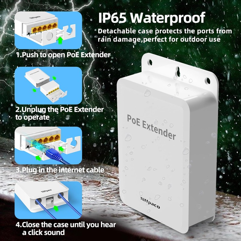 Tliffpaco Outdoor Gigabit PoE Extender, 5 Port PoE Repeater, 90W