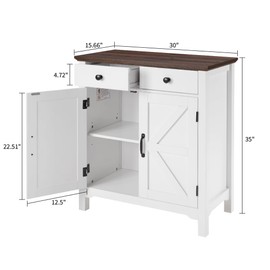 Farmhouse Buffet Cabinet with 2 Drawers & Adjustable Shelf, 2 Barn Door Storage Sideboard for Kitchen, Entryway, Living Room, White