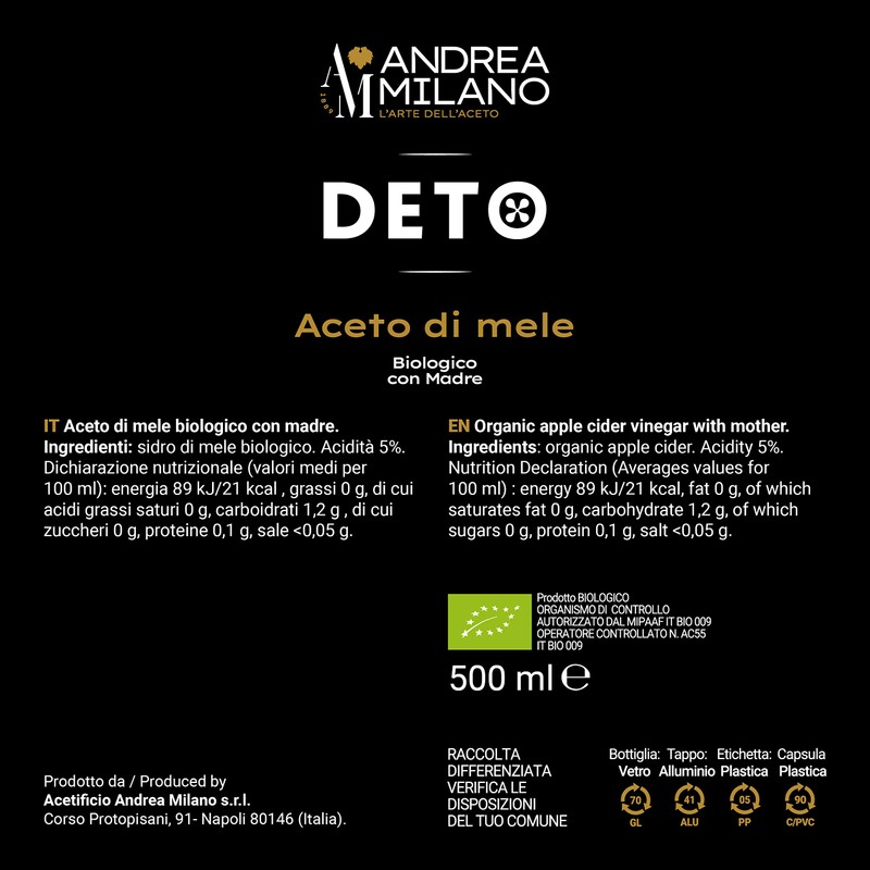 Deto Andrea Milano, Aceto di Mele Biologico, Ricco di Proteine,