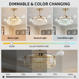 Deliyfans 42'' Fandelier Ceiling Fans with Light, Chandelier Ceiling Fan, Retractable Crystal Ceiling Fan for Bedroom, Living Room, 3 Color Change, LED Dimmable, 6 Speeds, Reversible DC Motor-Gold