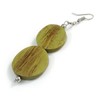 Earthy Harmony Olive Green Double Bead Wooden Dangle Earrings -