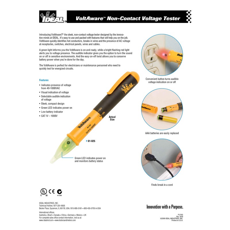 IDEAL INDUSTRIES INC. 61-025 Volt Aware Non-Contact Voltage Tester, Clear