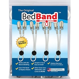 Bed Band White Not Made in China. 100% USA Worker Assembled. Bed Sheet Holder, Gripper, Suspender and Strap. Smooth any Sheets on any Bed. Sleep Better. Patented.