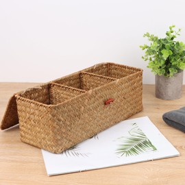 Moosky Wicker Shelf Baskets with Lid,Rectangular Seagrass Woven Storage Baskets with Dividers for Bathroom Organizer Small Bins Home Decor (Natural)