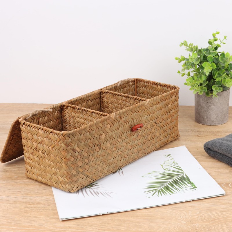 Moosky Wicker Shelf Baskets with Lid,Rectangular Seagrass Woven Storage Baskets