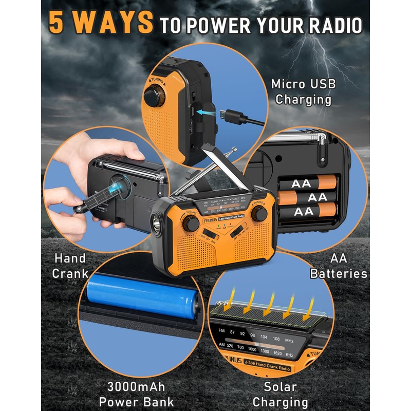 PRUNUS J-369 11100mWh Emergency Weather Radio, AA Batteries/Hand Crank/Solar/USB Charging,