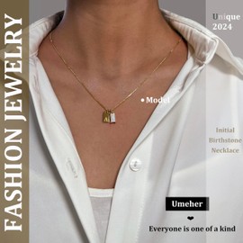 Umeher Initial Birthstone Necklace for Women 14K Gold Plated Dainty Tag Cubic Zirconia Birthstone Letter Pendant Necklace,Emerald,May,Initial K,May