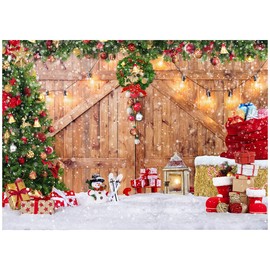 SJOLOON Rustic Christmas Barn Wood Door Backdrop for Photography Xmas Tree Snow Gift Wall Floor Party Photo Background Winter Holiday Family Supplies Banner Decoration Studio Props 12391 (10x8FT)
