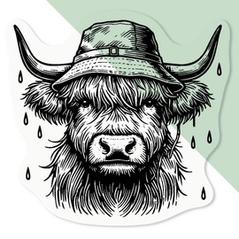 4 x Small 50mm 'Highland Cow Wearing Rain Hat' Transparent/Clear Sticker Decals for Windows/Cars/Walls (DC00139424)