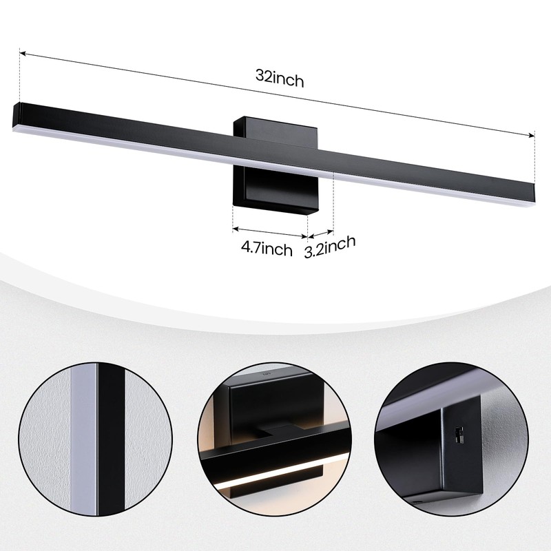 KAISITE Modern Black Bathroom Light - 24 inch Dimmable 5CCT