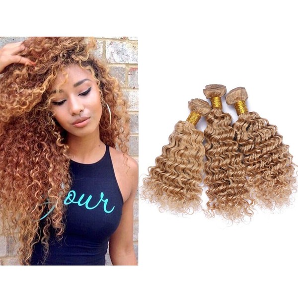 Mila 3 Bundles/Lot Real Hair Natural Wefts Curly Extensions Honey Blonde 27# Brazilian Hair Weave Deep Wave Style 300 g (12 Inches/14 Inches/14 Inches/16 Inches)