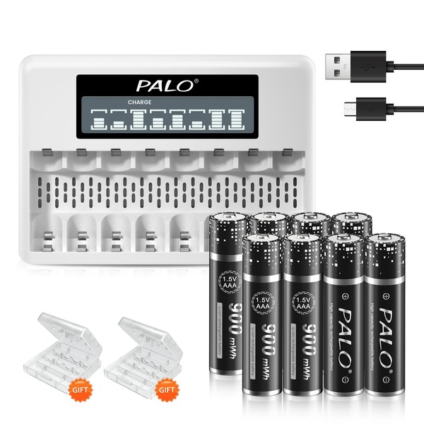 Palogreen Paquete de 8 baterías recargables AAA de 1,5 V de iones de litio de 900 mWh con cargador de visualización LCD de 8 bahías, salida constante a batería AAA de 1,5 V