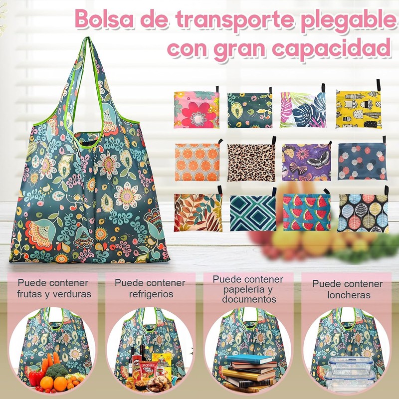 Paquete de 12/6 Bolsas Pleglables Reutilizables para Mandado, Bolsas Ecológicas