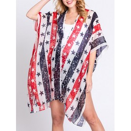 Chunoy Women July 4th American Flag Chiffon Kimono Cardigan Loose Tops Lightweight July 4th Beach Cover Up AF2 XX-Large