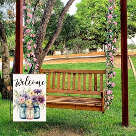 HOMFREEST Spring Floral Garden Flag 12x18 Inch Double Sided Small Burlap Welcome Purple Flowers Mason Jar Holiday Flag for Outside Yard Decor