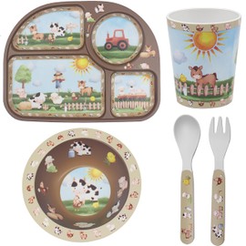 Lesser & Pavey Rpet Eating Farm Set for Eating & Kitchen | All-in-One Plates and Bowls Set with Spoon & Fork | Printed Dinner Set for Home | BPA Free Healthy Material Eating Set for Kids & Adults