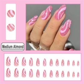 DOCVOEOMH Almond Shaped Press on Nails Medium Nude Pink Acrylic Fake Press Ons Nails with Wave Lines Design Glue on Glossy Full Cover Artificial False Stick on Nail for Girls Women Daily Wear 24PCS