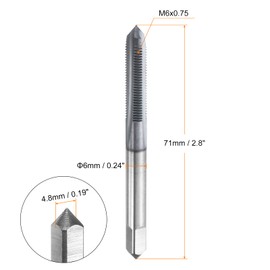 sourcing map M6x0.75 Metric Thread Tap 6542 Cobalt High-Speed Steel TiCN Coated Plug Tap Right Hand Straight Flutes Screw Threading Hand Tap