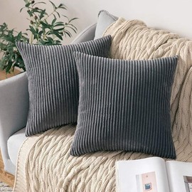 AMFUN Set of 2 Corduroy Cushion Covers 40cm x 40cm,Soft Striped Square Pillow Case,Cushion Case with Invisible Zipper,Home Boho Decor Pillow Cases for Couch Sofa Bedroom,Living Room-Dark Grey