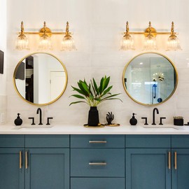 CVKASH 3-Light Bathroom Vanity Light Fixtures Over Mirror,Brushed Gold Modern Vanity Lights with Glass Shade Vintage Wall Sconce for Bedroom Dressing Room Living Room Hallway Cabinet