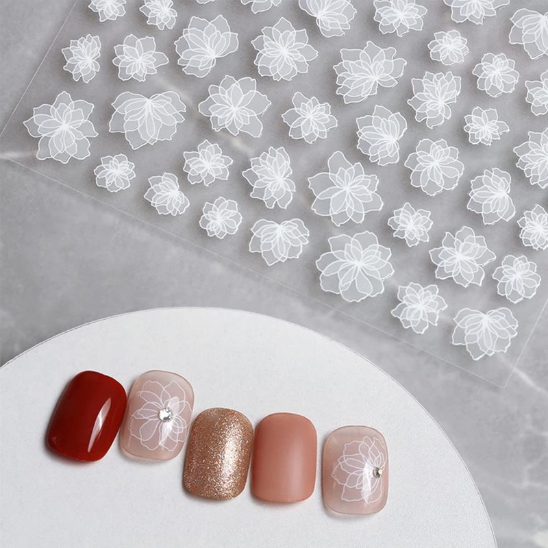 Chisafly Nail Stickers Flower White Petals Transparent Cherry Blossom Nail
