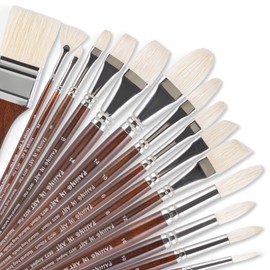 Falling in Art Natural Bristle Professional Paintbrush Set, 15PCS Long Handle Brushes for Acrylic Painting, Oil Paint Brushes of Fan, Round, Flat, Angled, and, Filbert with Storage Pouch, Brown