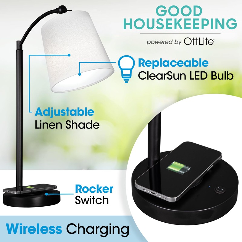 OttLite Good Housekeeping Shaded LED Desk Lamp with Wireless Charging