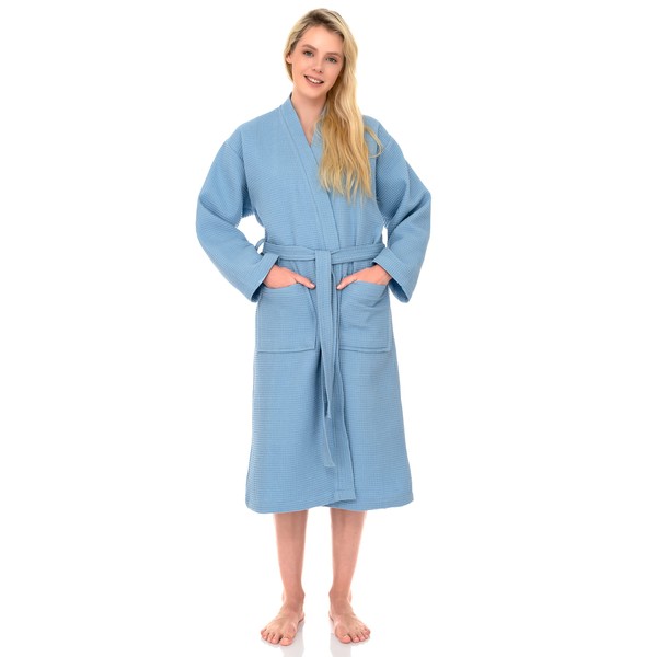 TowelSelections Bata de baño tipo kimono ligera para mujer, Azul polvoriento, M-L