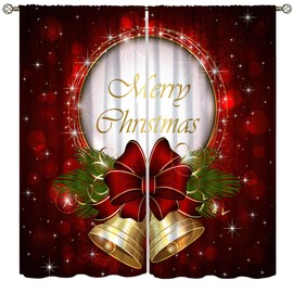 AuiMzoo Christmas Holiday Curtains with Christmas Bells Golden Velvet Fir Tree Branches Decoration for Adults Kids Bedroom Living Room Decorative Curtains84X84 Inch