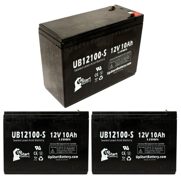 3-Pack UB12100-S Universal Sealed Lead Acid Battery (12V, 10Ah, F2 Terminal, AGM, SLA) Replacement - Compatible with Schwinn S500, S350, Missile FS, S180, S750, S600, Razor Rebellion Chopper