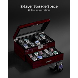 ANWBROAD Watch Box 20 Slot Watch Cases for Men with Large Glass Lid 2-Tier Watch Display Case Lockable Watch Organizer Giftable Luxurious Watch Holder UJWB002Y