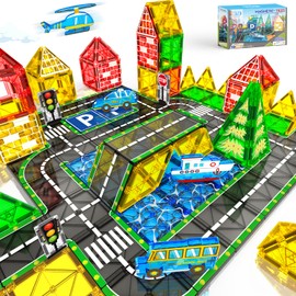 Magnetic Tiles Road Set with Car Magnet Building Tile Toys for Kids Ages 3-5 4-8 5-7 Magnetic Blocks Expansion Pack STEM Construction Toys for 3 Year Old Boy Girl Toddler Christmas Birthday Gift 42pcs