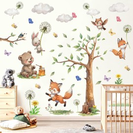 TOARTi Animal Wall Decals,Rabbit Holding Dandelion Flying Wall Stickers,Peel and Stick Tree Wall Art Sticker for Girls Baby Nursery Kids Room Home Decor
