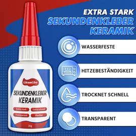 GleamGlee Sekundenkleber fr Keramik & Porzellan 35g, Extra stark Keramikkleber, Wasserfester und splmaschinenfest & hitzebest?ndiger & transparent Porzellankleber mit Anti-Verstopfungskappe - Reparatur Kleber