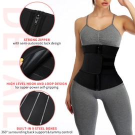 KIWI RATA Neoprene Sauna Waist Trainer Corset Sweat Belt with 2 Straps for Women Sweat Band Compression Cincher Workout Fitness Trimmer,#1 Zipper Black,Large