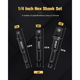 BOEN Impact Grade Socket Adapter Set, 3-PCS Drill Bit Adapter with Bit Holder, Sizes 1/4", 3/8", 1/2", 1/4-Inch SAE Hex Shank, Cr-V with Black Phosphate Finish